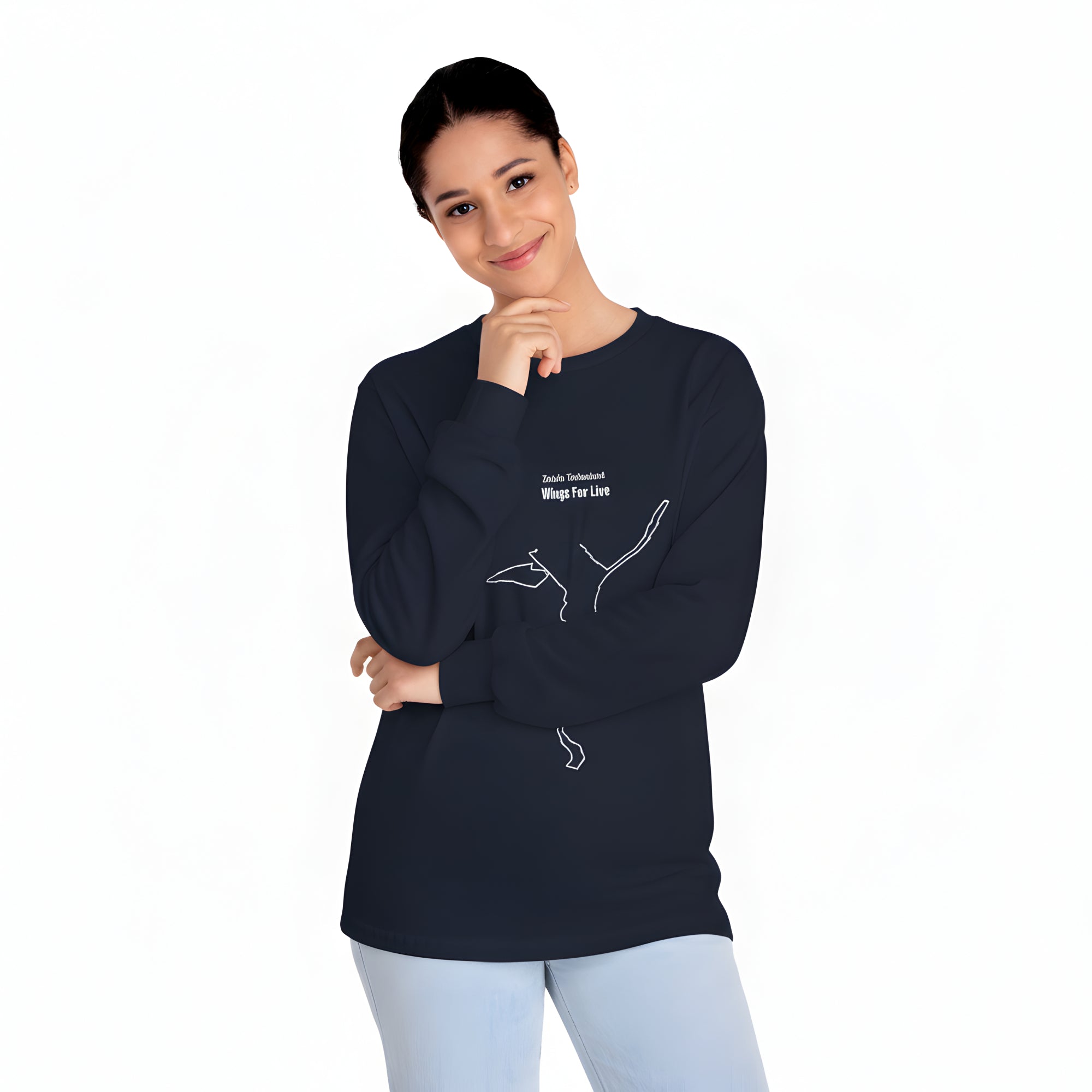 Woman wearing a black long-sleeve shirt with custom Strava route print art design and text on a white background