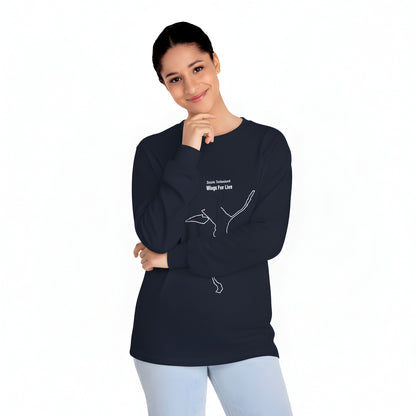 Woman wearing a black long-sleeve shirt with custom Strava route print art design and text on a white background