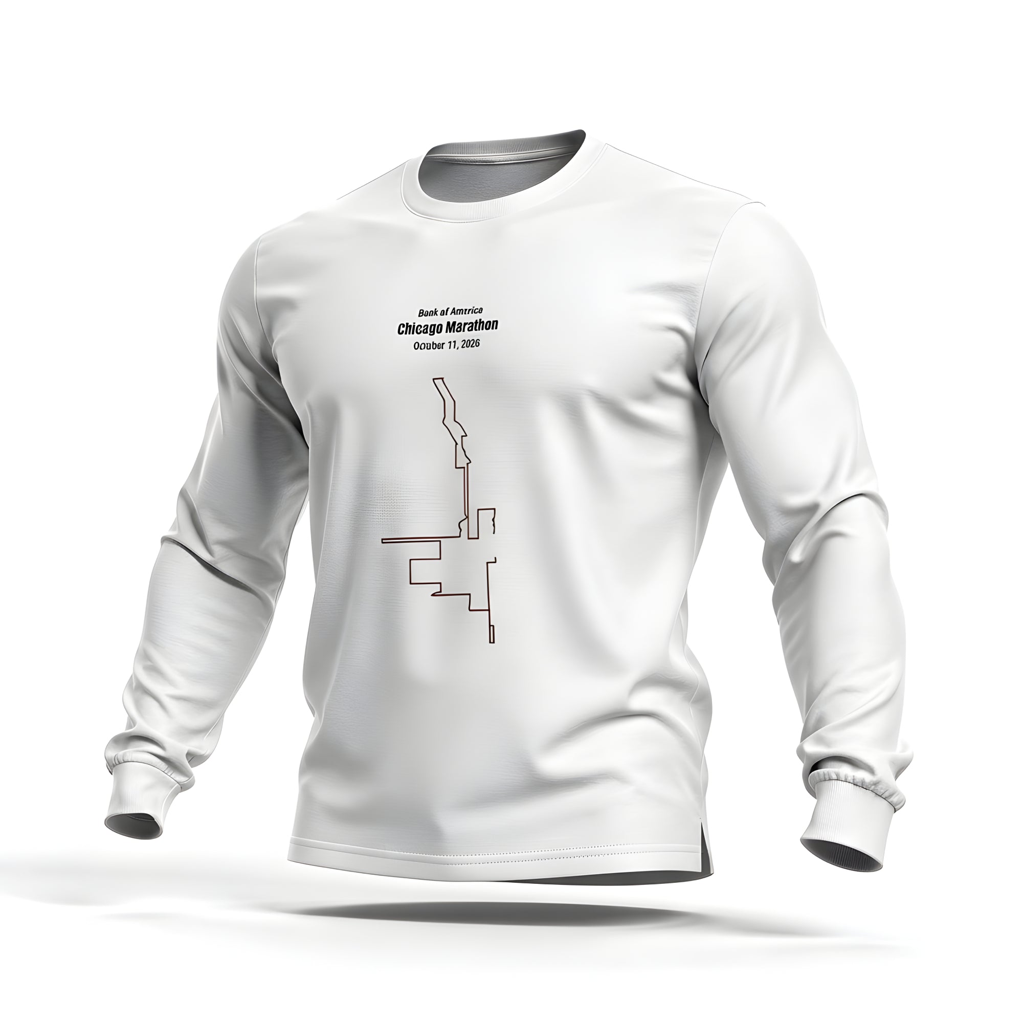 White long-sleeve shirt with marathon custom Strava route print art design on a white background