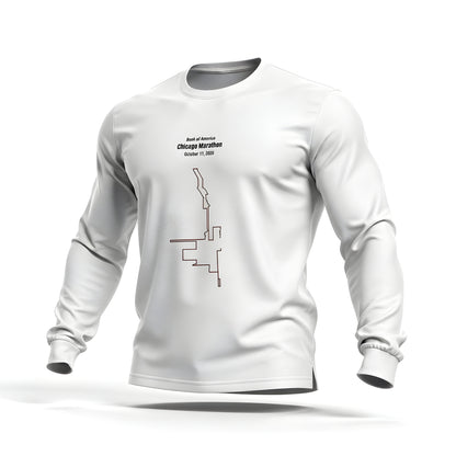 White long-sleeve shirt with marathon custom Strava route print art design on a white background