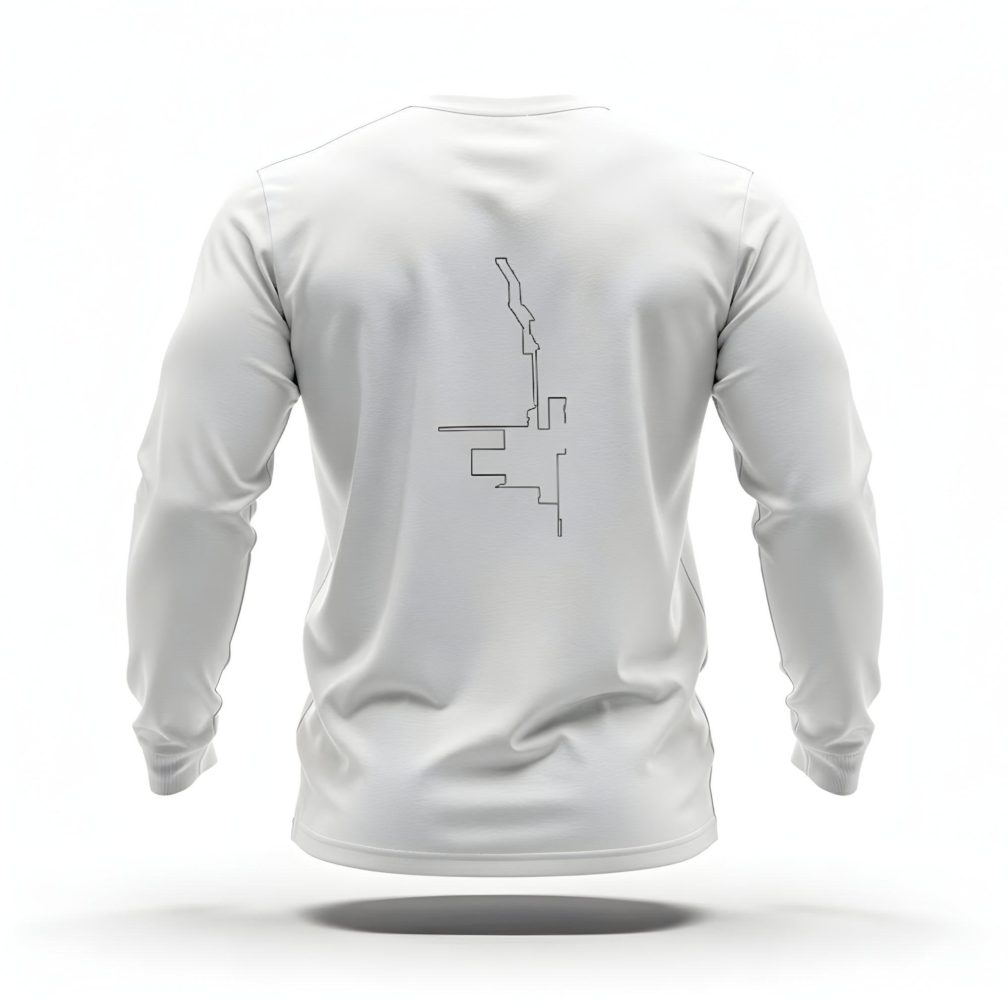 White long-sleeve shirt with a black custom Strava route print art on the back against a white background