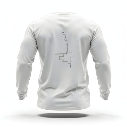 White long-sleeve shirt with a black custom Strava route print art on the back against a white background