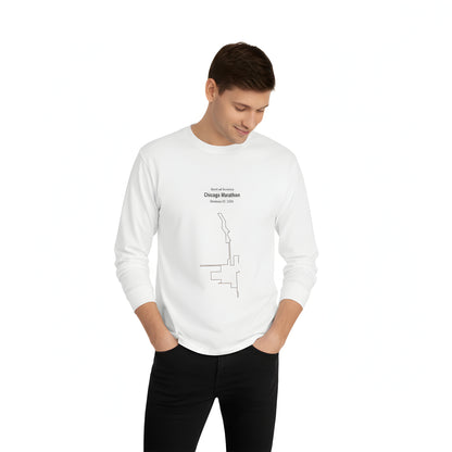Man wearing a white long-sleeve shirt with a custom Strava route print art design on a white background