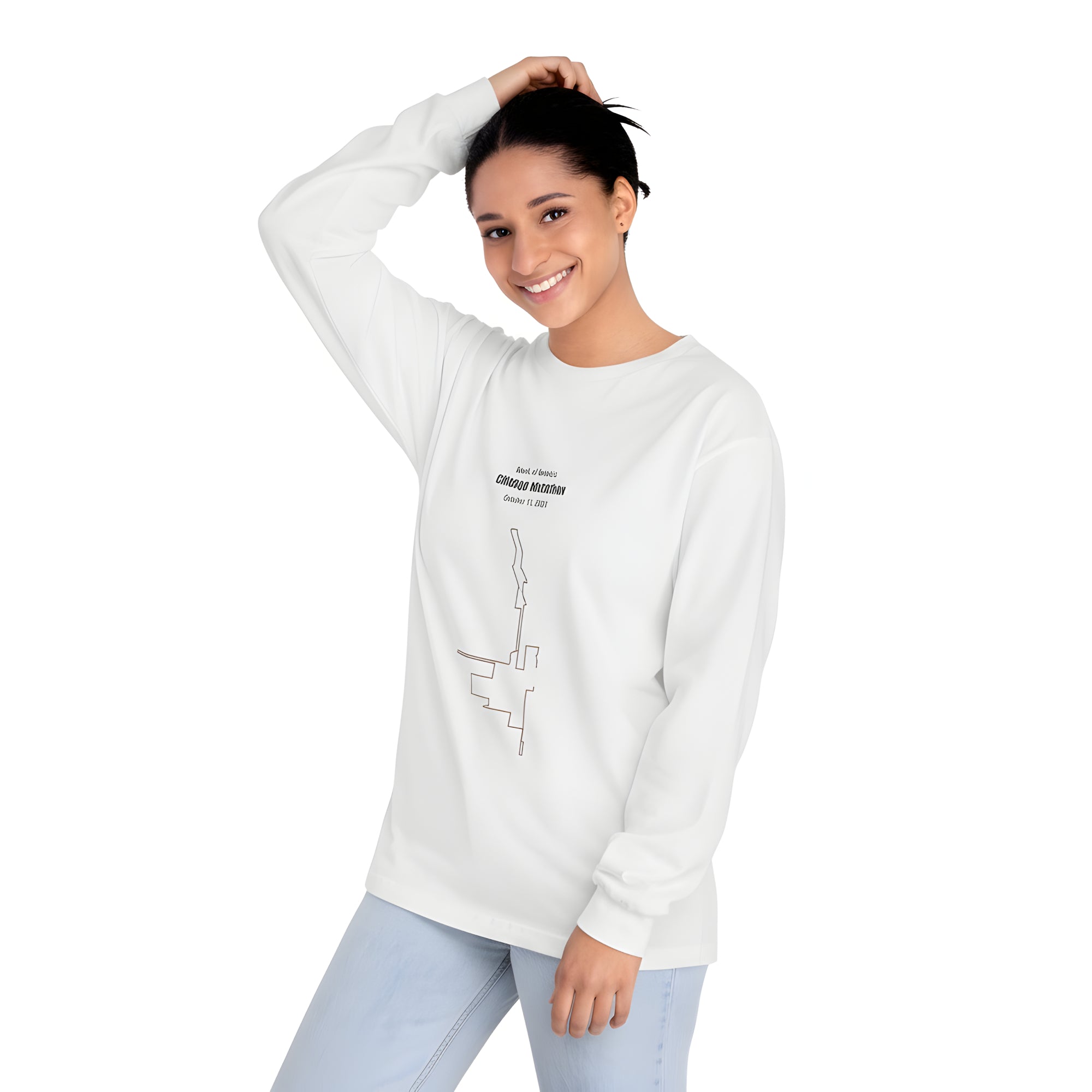 Woman wearing a white long-sleeve shirt with a custom Strava route print art design on a white background
