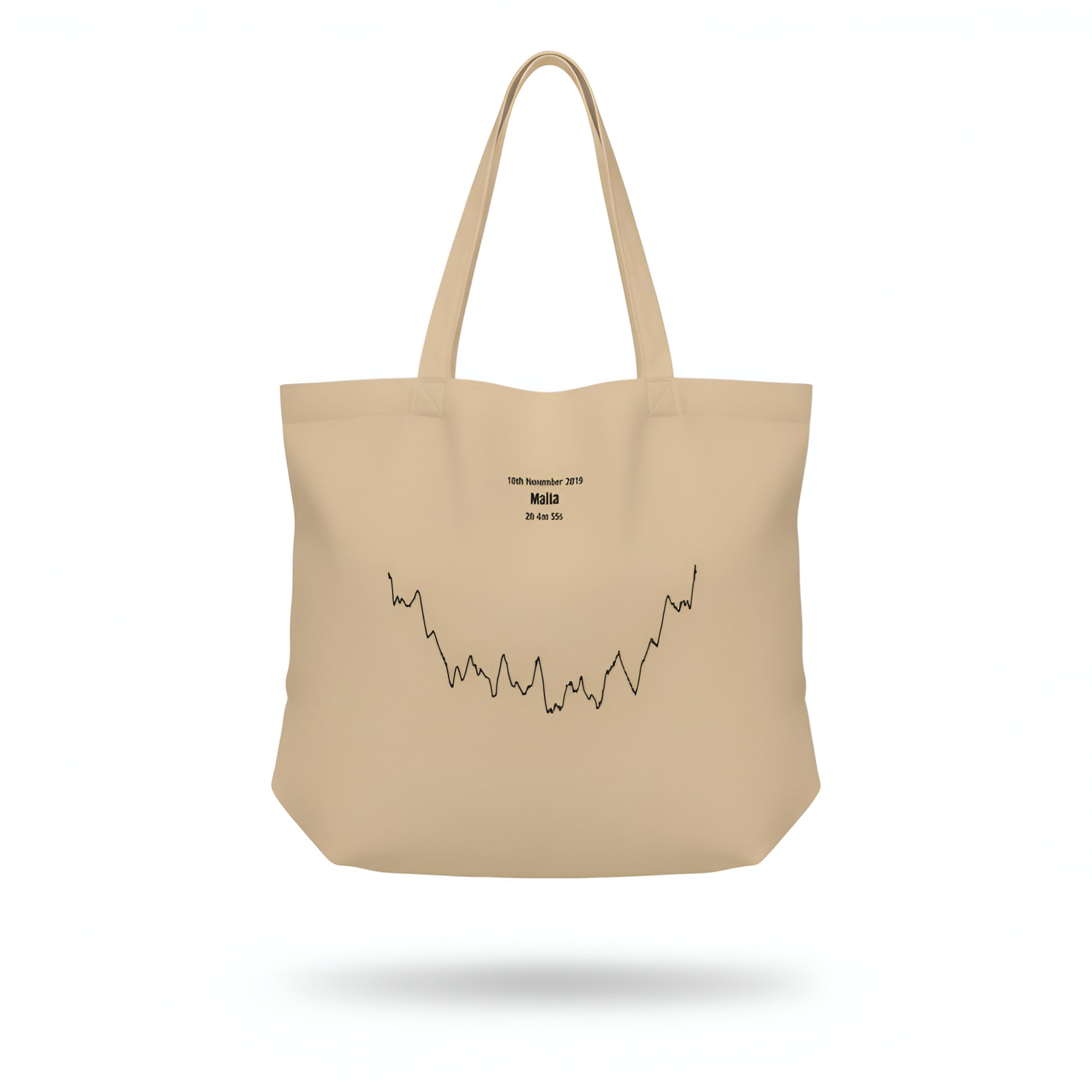 Beige tote bag with a black custom Strava route print art design and text on a white background