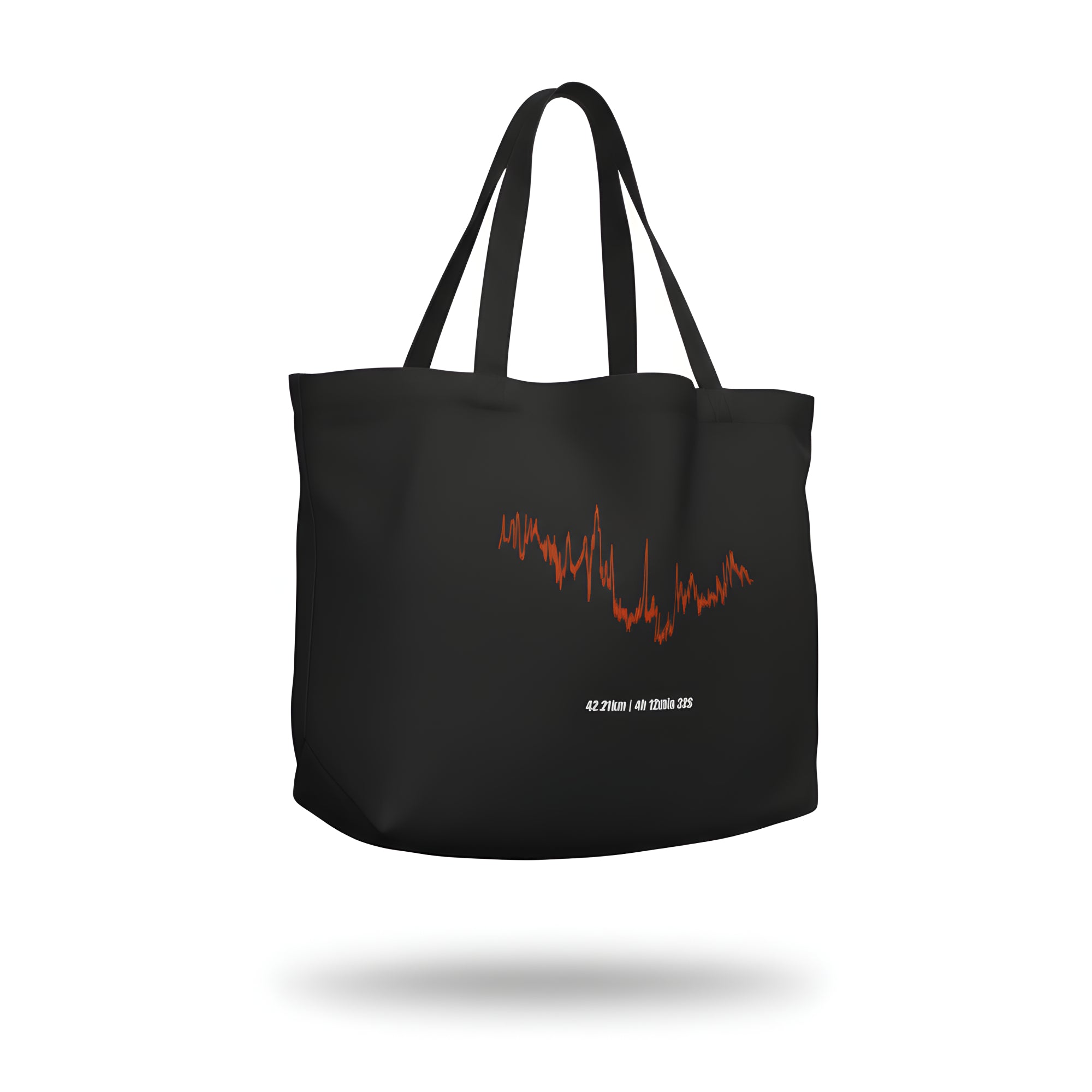 Black tote bag with red and white custom Strava route print art design on a white background