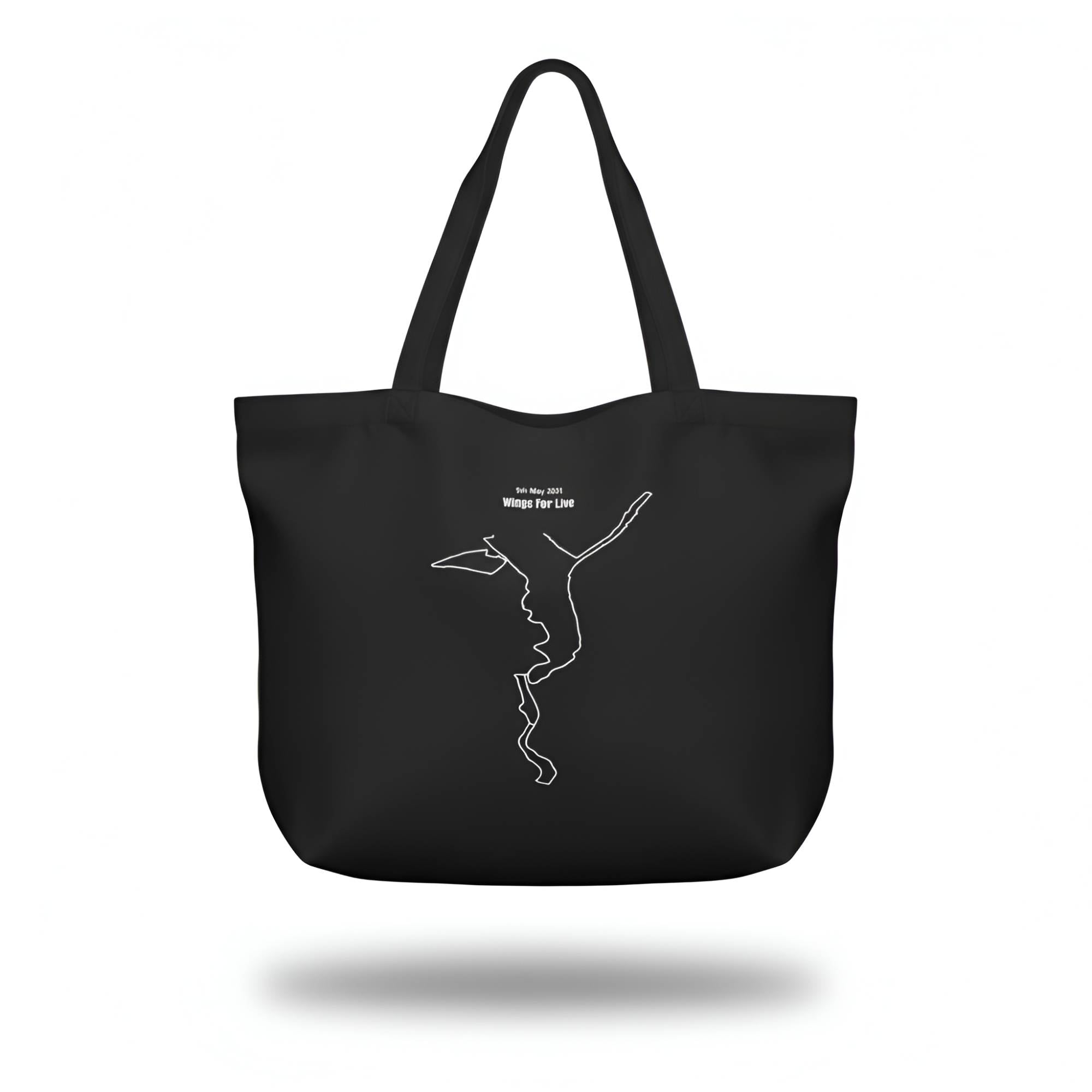 Black tote bag with white custom Strava route print art design on a white background