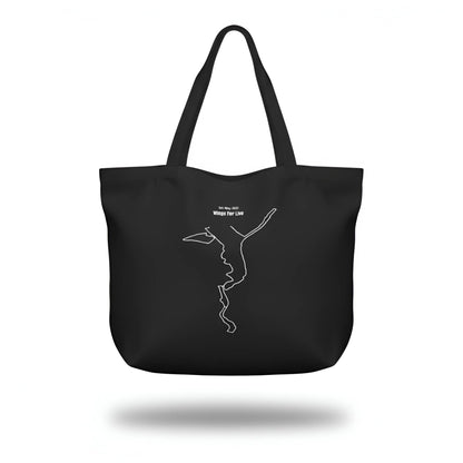 Black tote bag with white custom Strava route print art design on a white background
