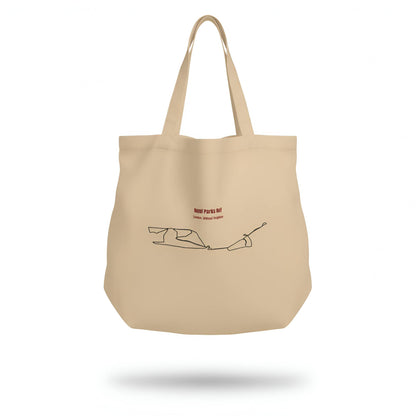 Beige tote bag with a custom Strava route print art design and text on a white background