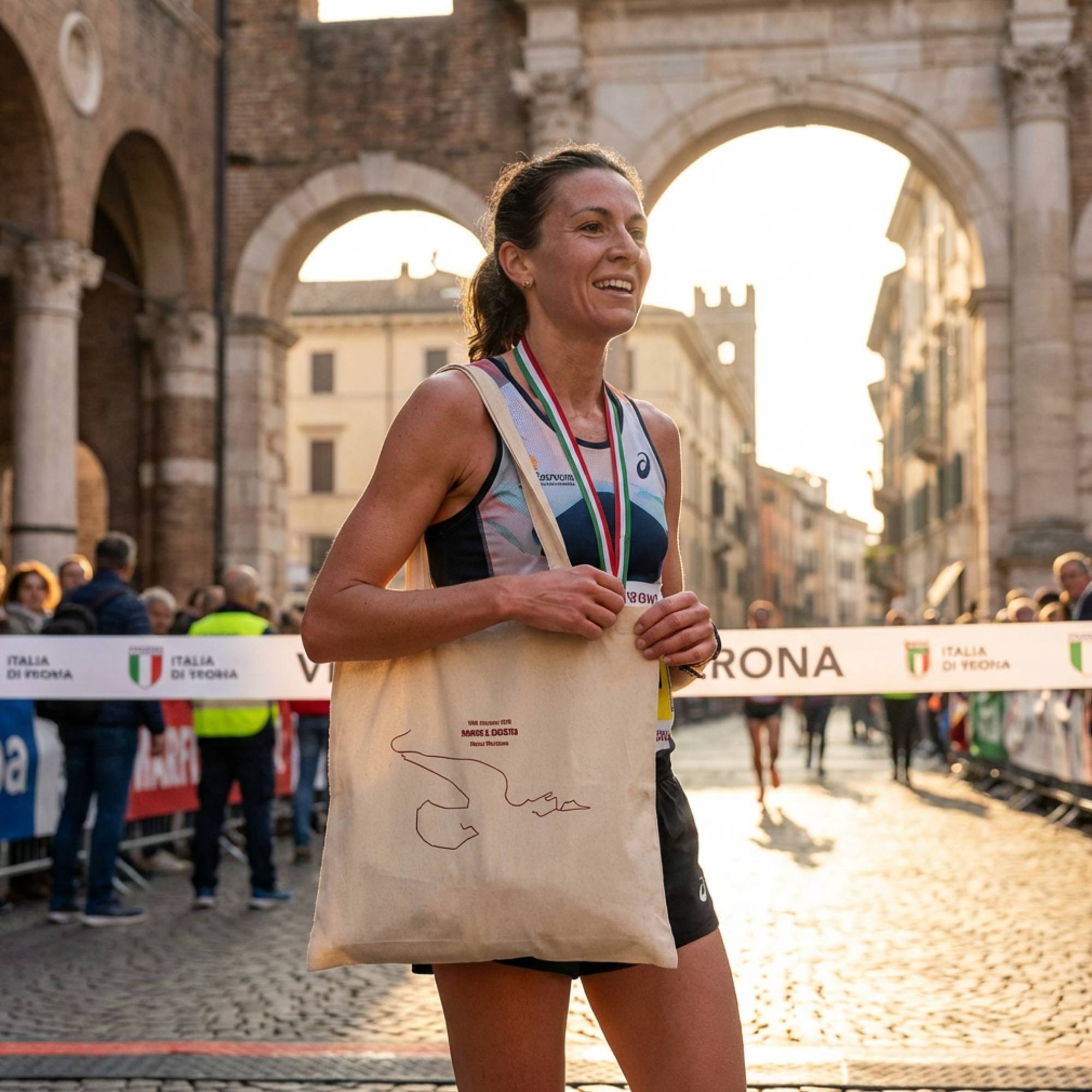 Woman holding a tote bag with custom Strava route print art and medal in an urban setting with arches and people in the background