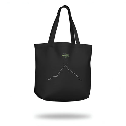 Black tote bag with custom Strava route print art design and text on a white background