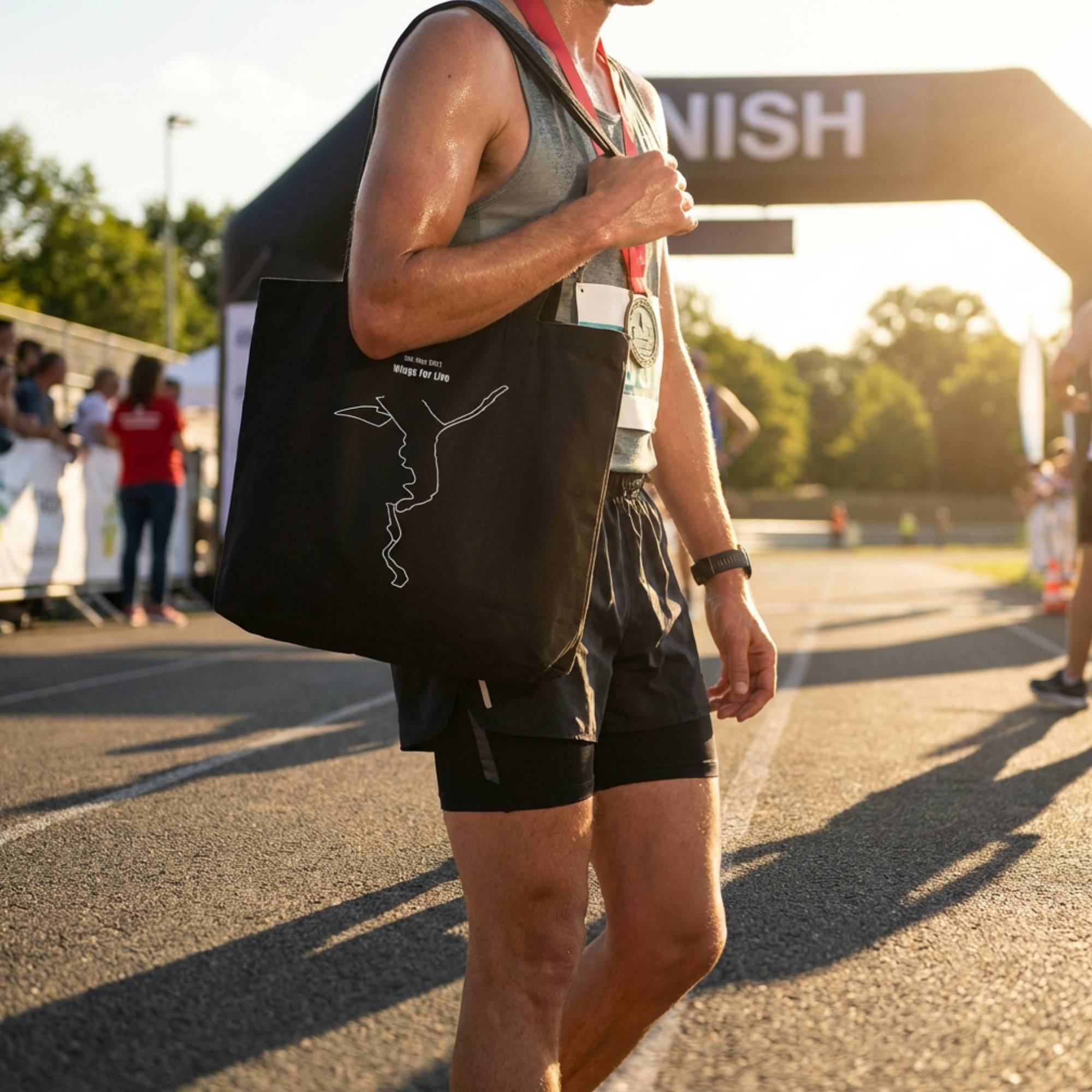 Person crossing a finish line with a black bag with custom Strava route print art and shorts, surrounded by trees and people