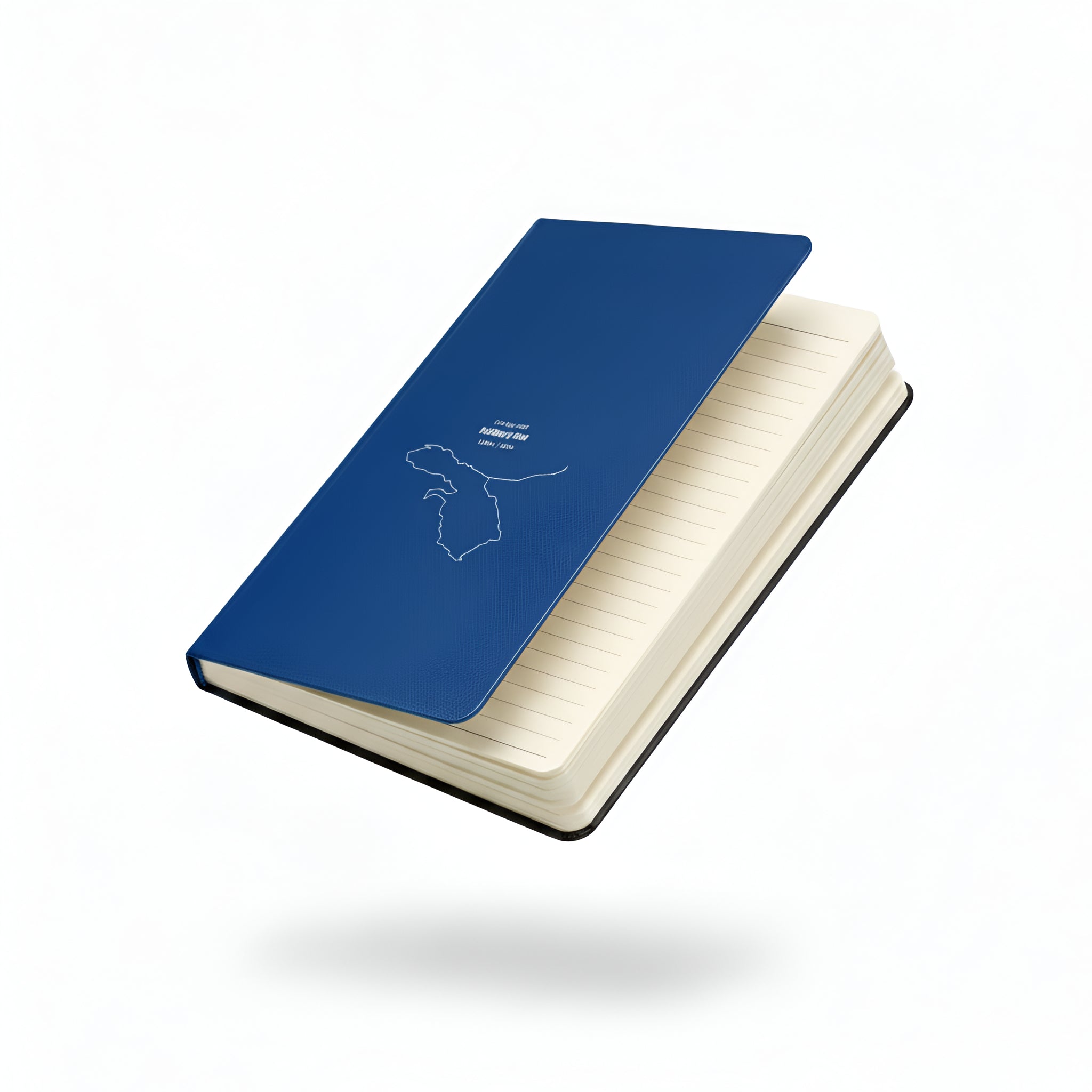 Blue notebook with a white custom Strava route print art on a white background