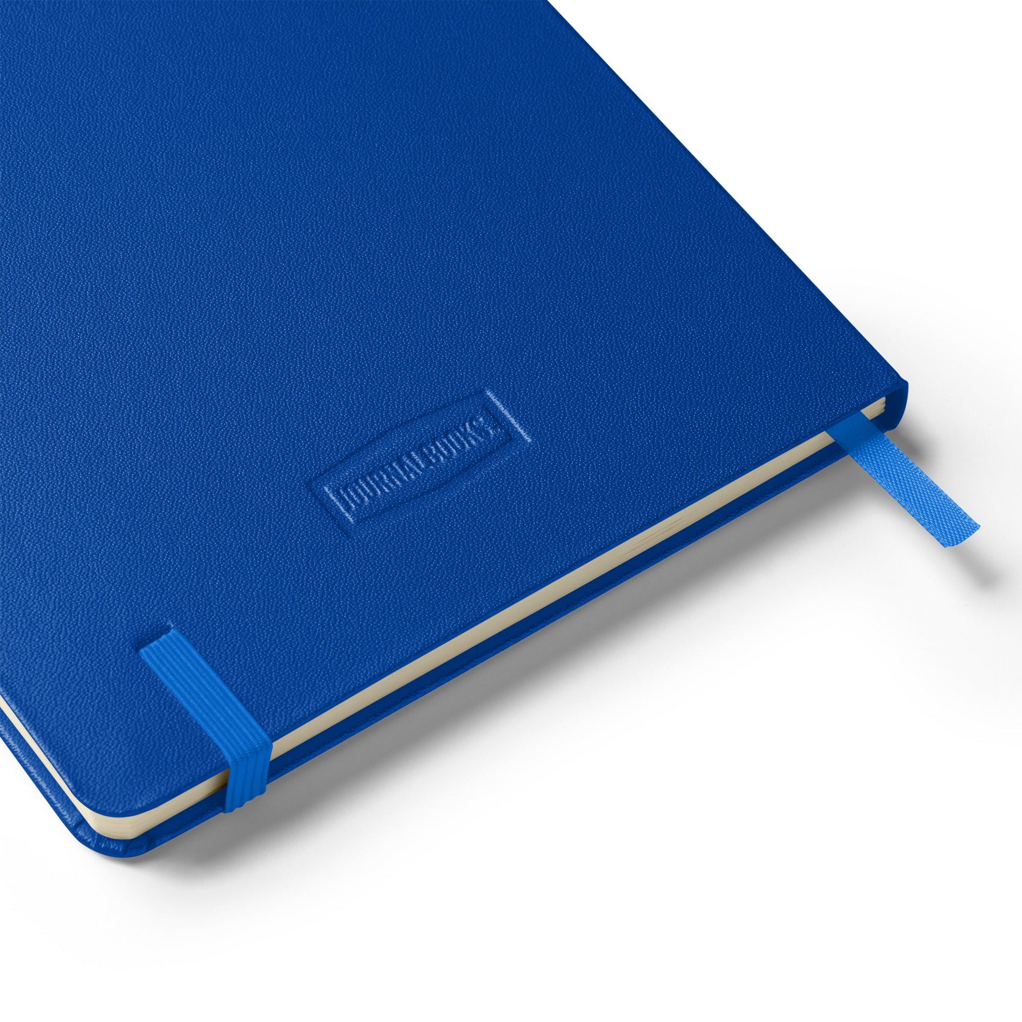 Blue notebook with blue elastic band on a white background