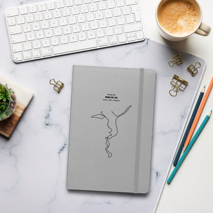 Gray notebook with custom Strava route print art on a marble desk with a keyboard and coffee cup