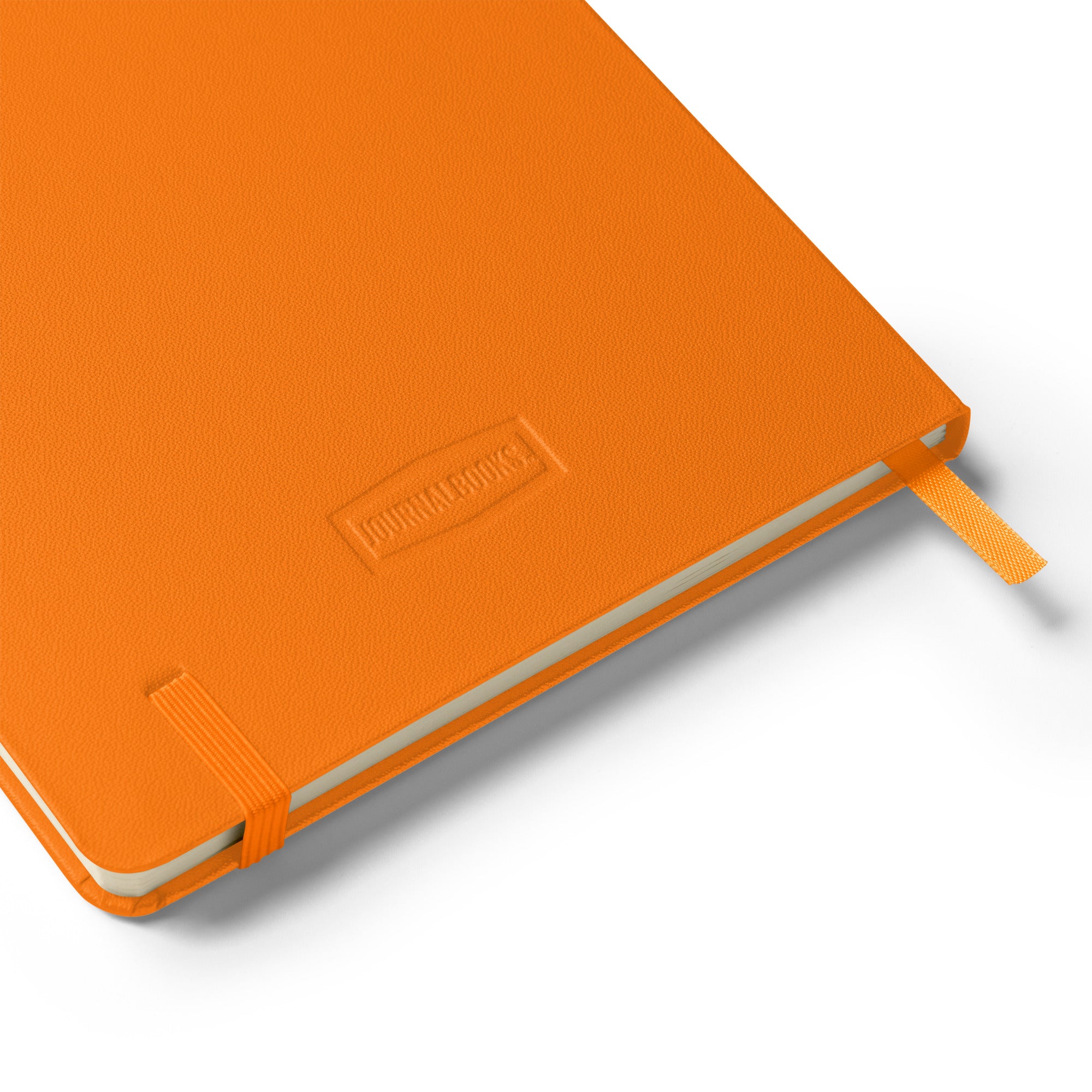 Orange notebook with a visible brand logo on a white background