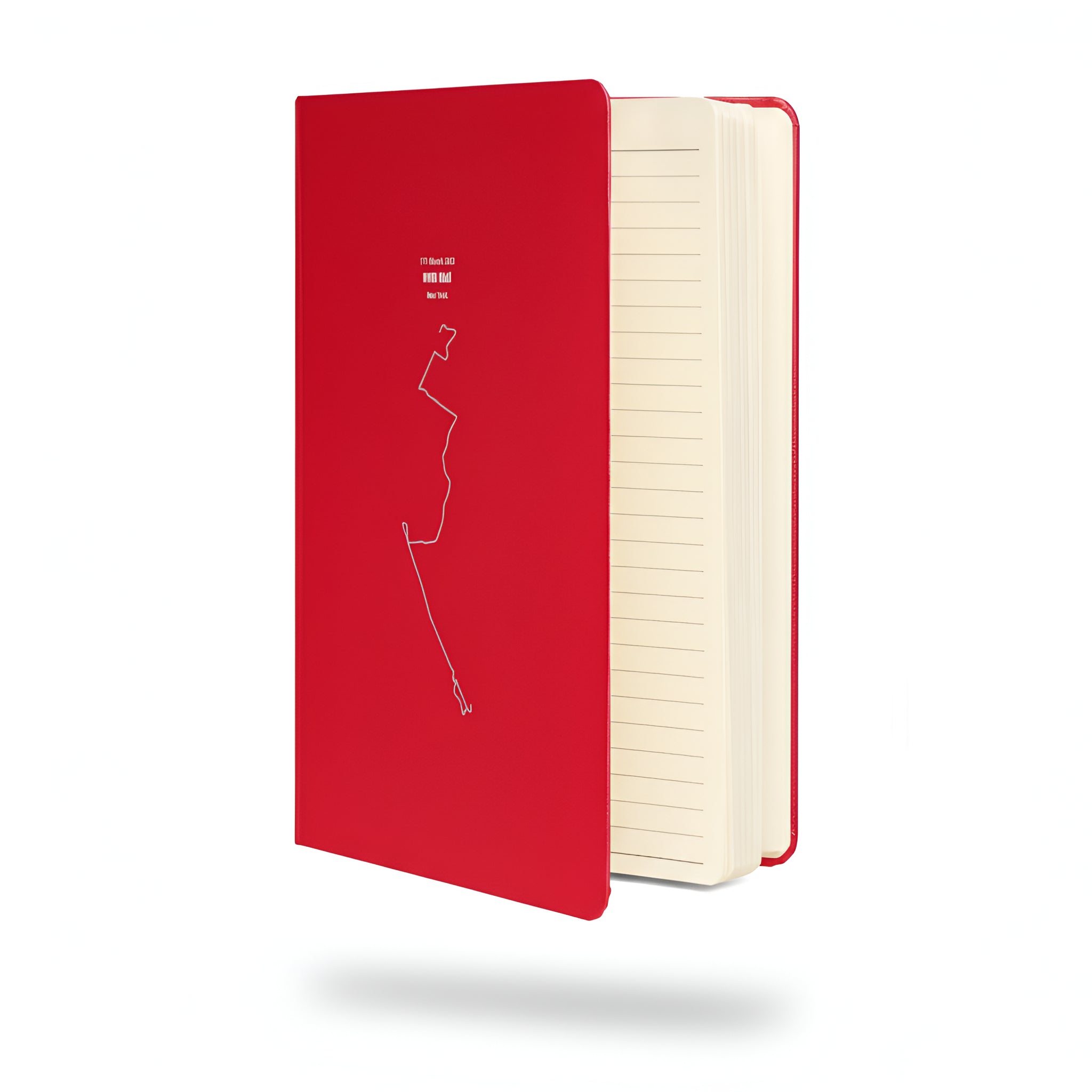 Red notebook with a white custom Strava route print art of a person on the cover, on a white background
