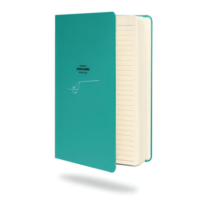 Teal notebook with custom Strava route print art design on a white background