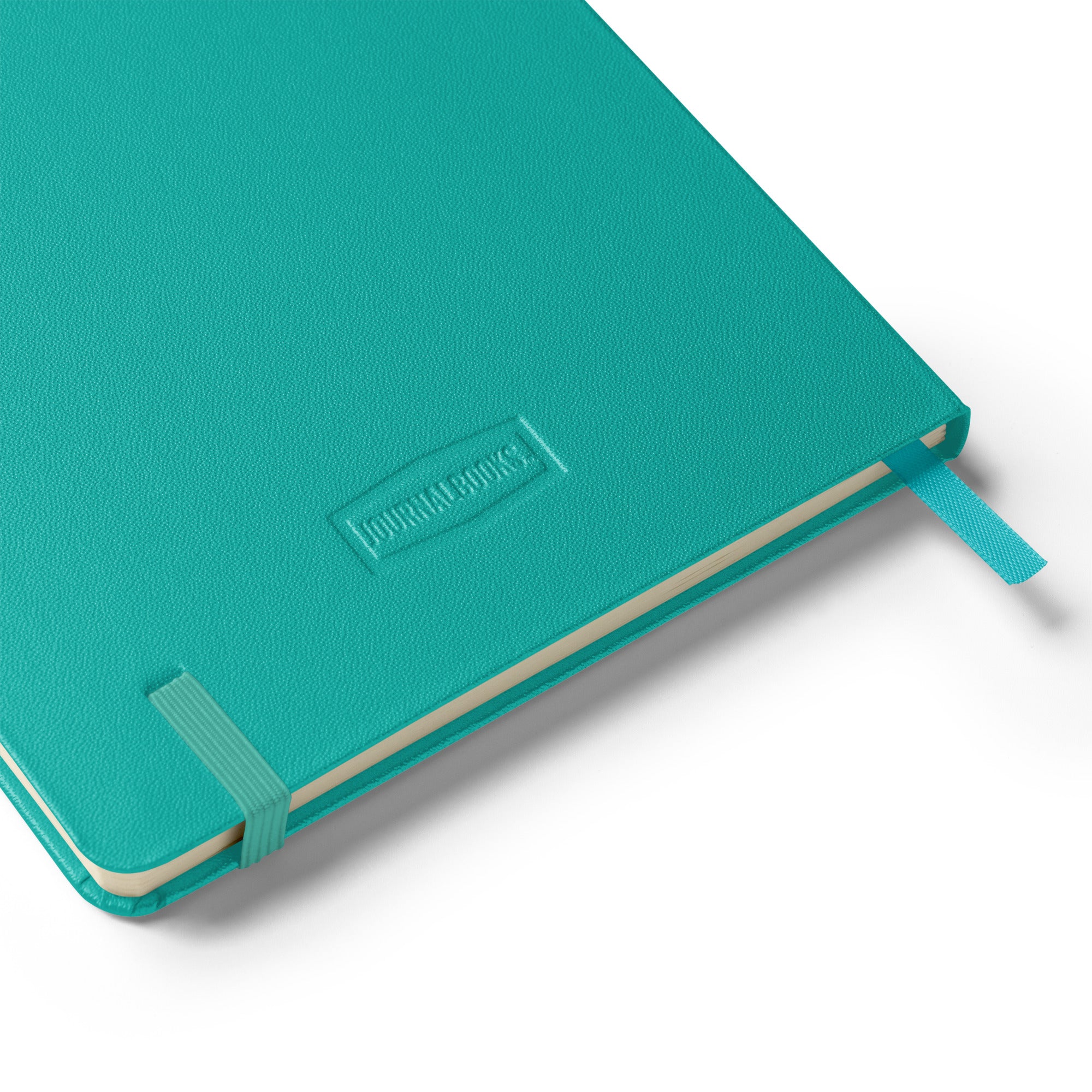 Turquoise notebook with a visible brand logo on a white background