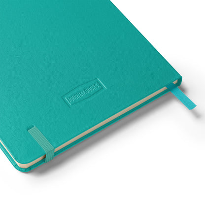 Turquoise notebook with a visible brand logo on a white background