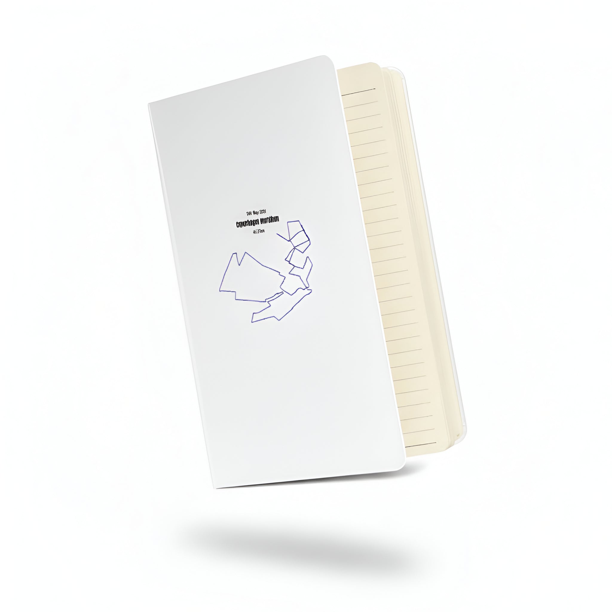 White notebook with custom Strava route print art design on the cover, open to reveal cream-colored pages