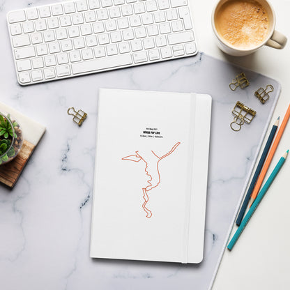 Notebook with custom Strava route print art on a marble desk with a keyboard and coffee cup