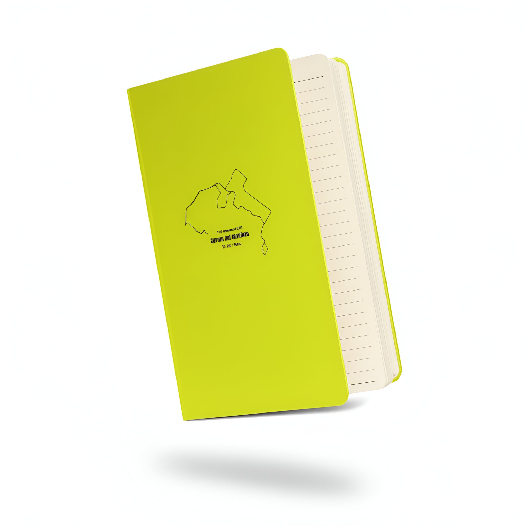 Green notebook with custom Strava route print art design on a white background