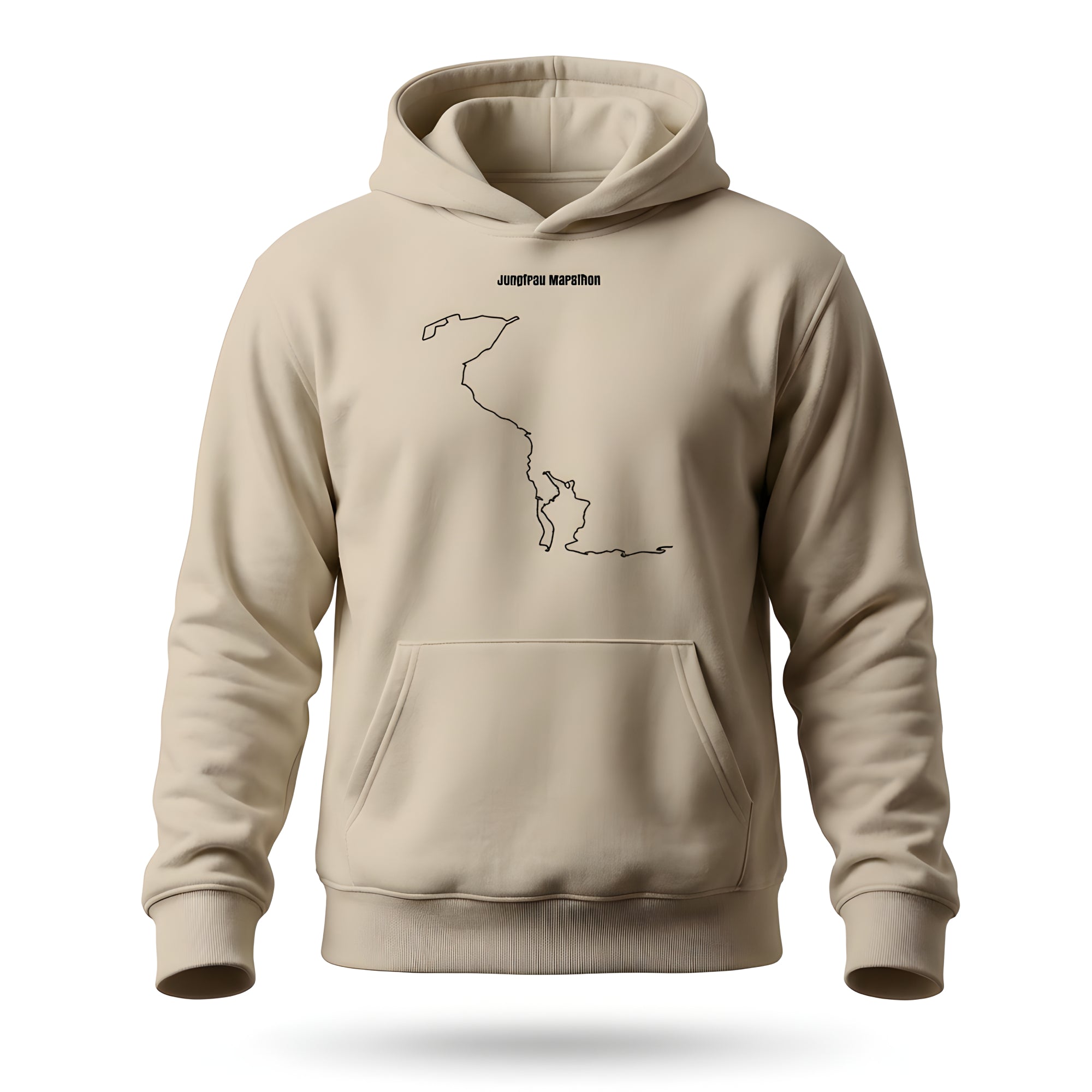 Beige hoodie with a custom Strava route print art map design on a white background