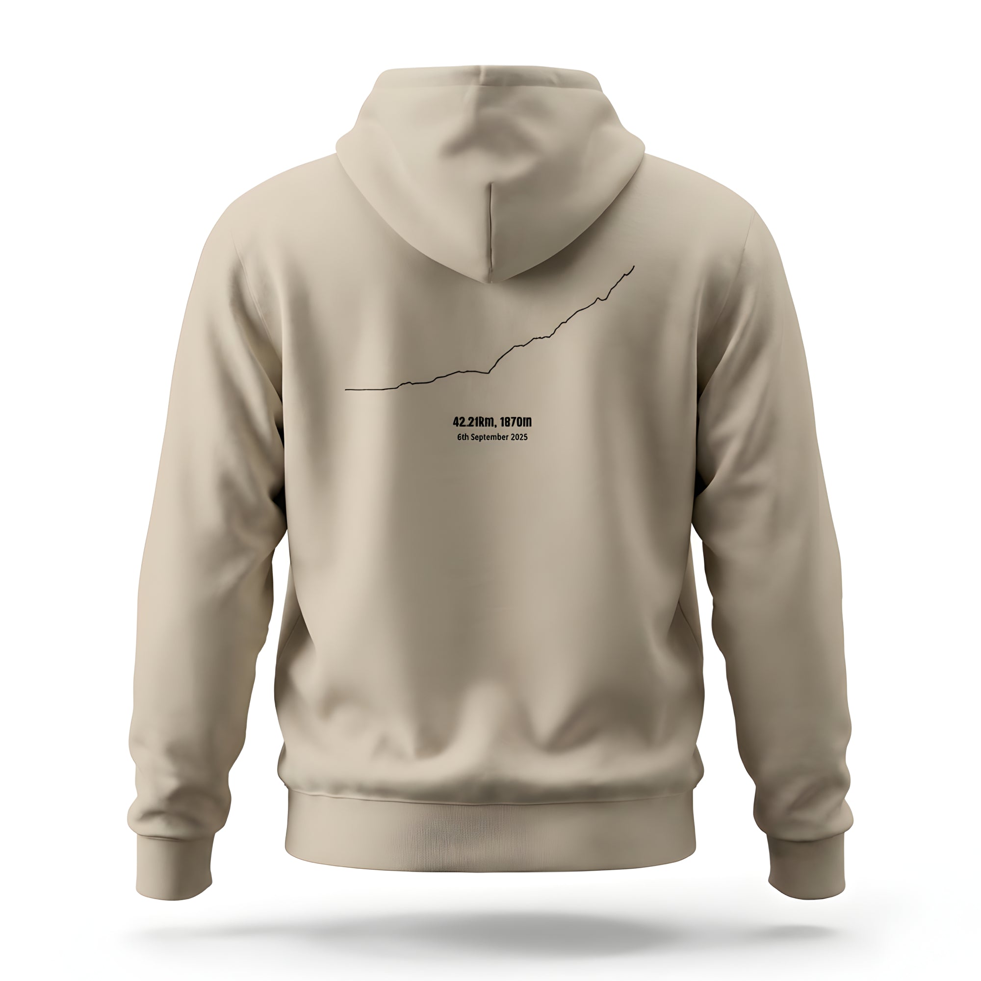 Beige hoodie with a custom Strava route print art design on the back against a white background