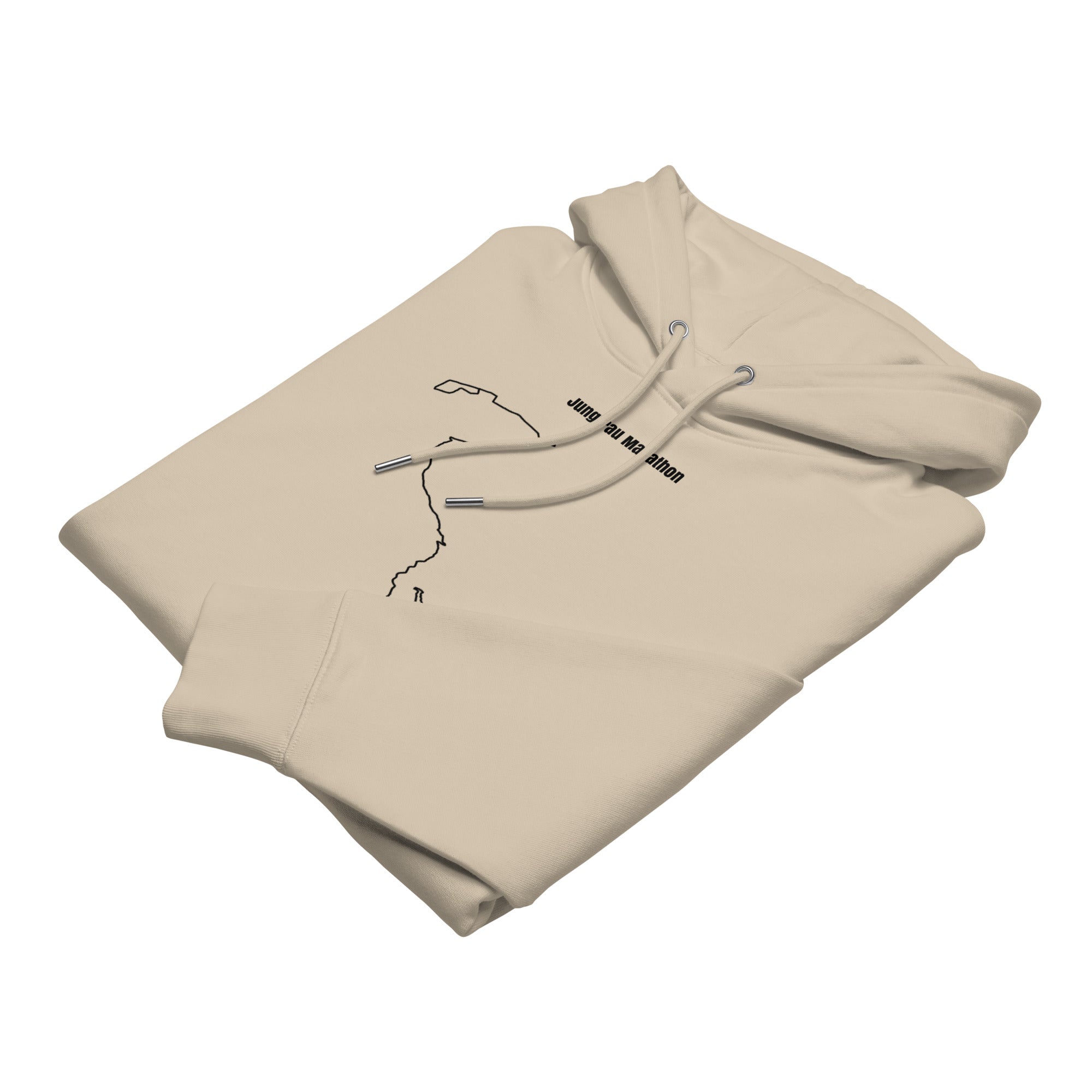 Beige hoodie with text and custom Strava route print art on a white background