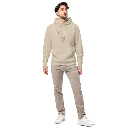 Man wearing a beige hoodie with custom Strava route print art and pants on a white background