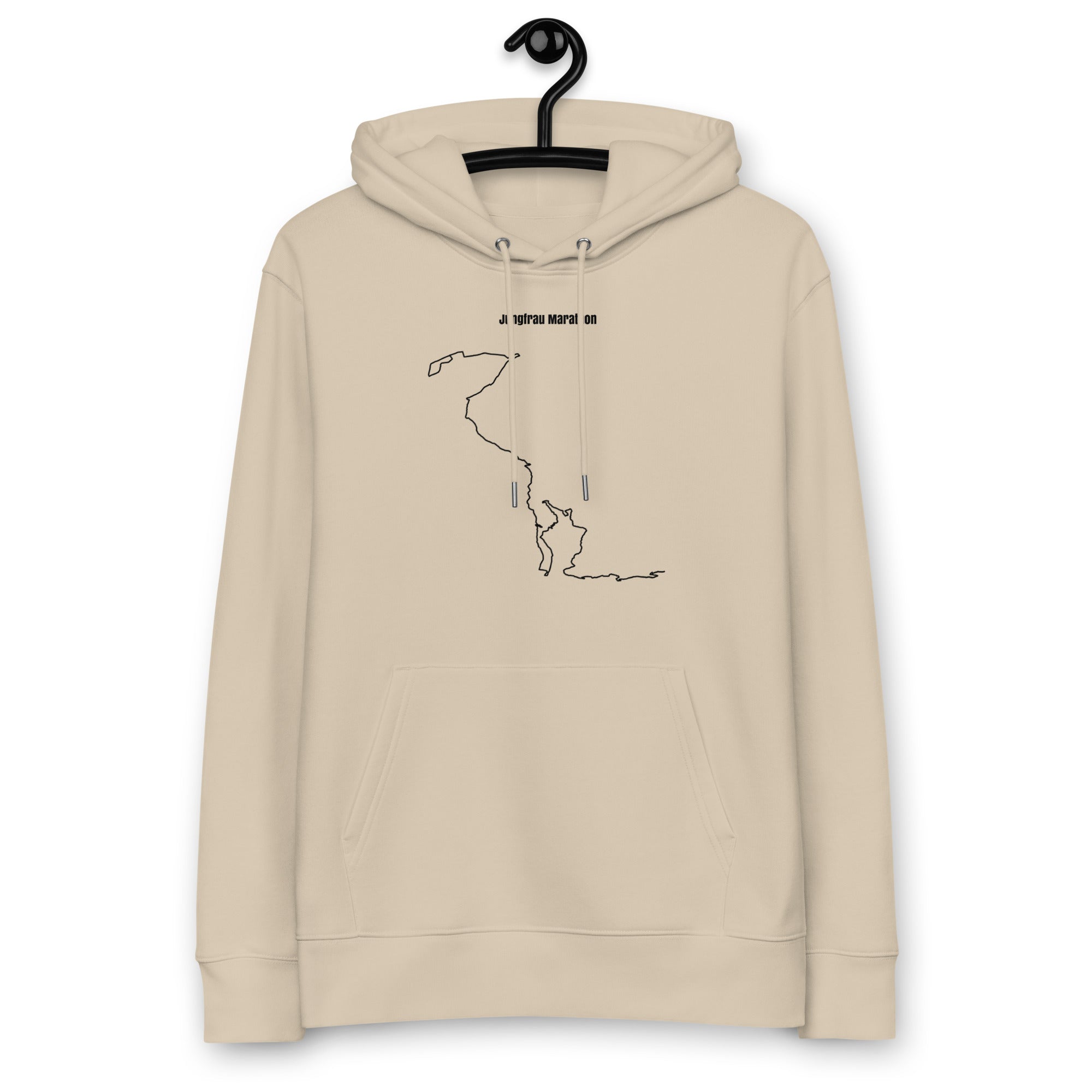 Beige hoodie with a custom Strava route print art design on a hanger against a white background