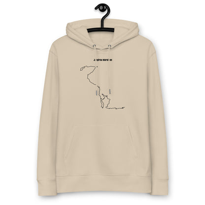 Beige hoodie with a custom Strava route print art design on a hanger against a white background