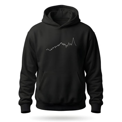 Black hoodie with a white custom Strava route print art design on a white background