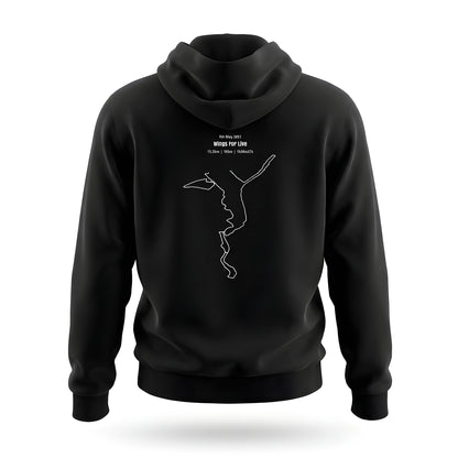 Black hoodie with white custom Strava route print art design on a white background