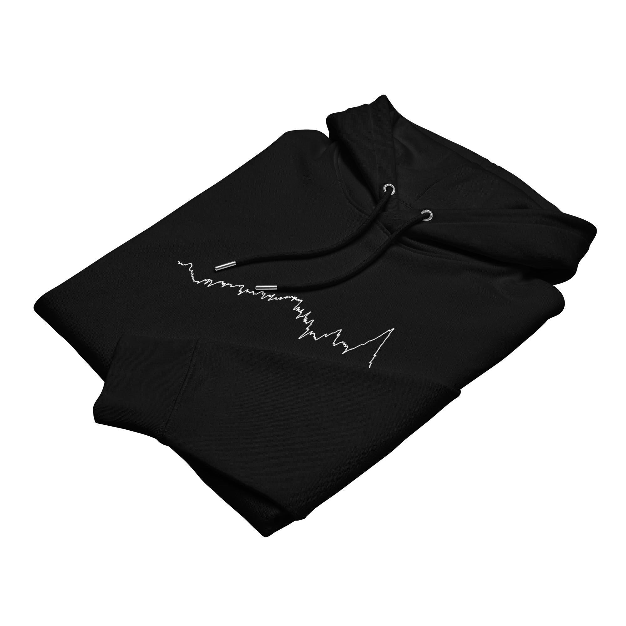 Folded black hoodie with white custom Strava route print art on a white background