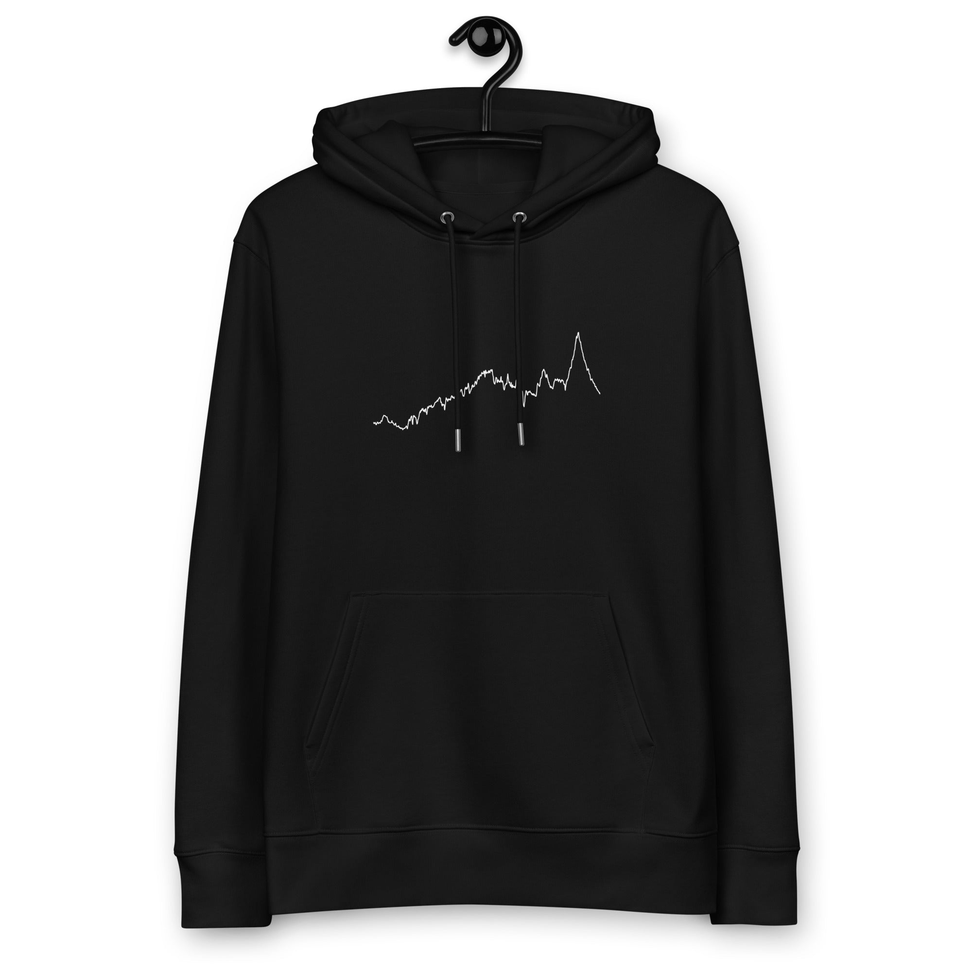 Black hoodie with a white custom Strava route print art on a hanger against a white background