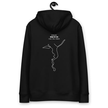 Black hoodie with white custom Strava route print art design on a hanger against a white background