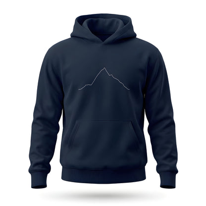 Navy blue hoodie with custom Strava route print art design on a white background