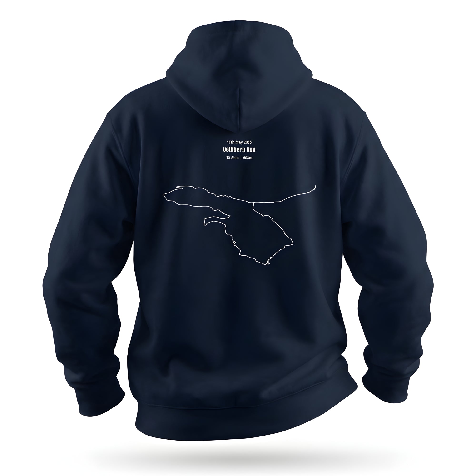 Navy blue hoodie with a white custom Strava route print art and text on the back, on a white background