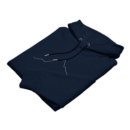 Folded navy blue hoodie with custom Strava route print art on a white background