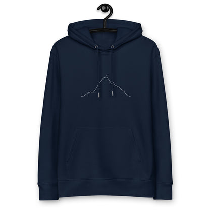 Navy blue hoodie with custom Strava route print art design on a hanger against a white background