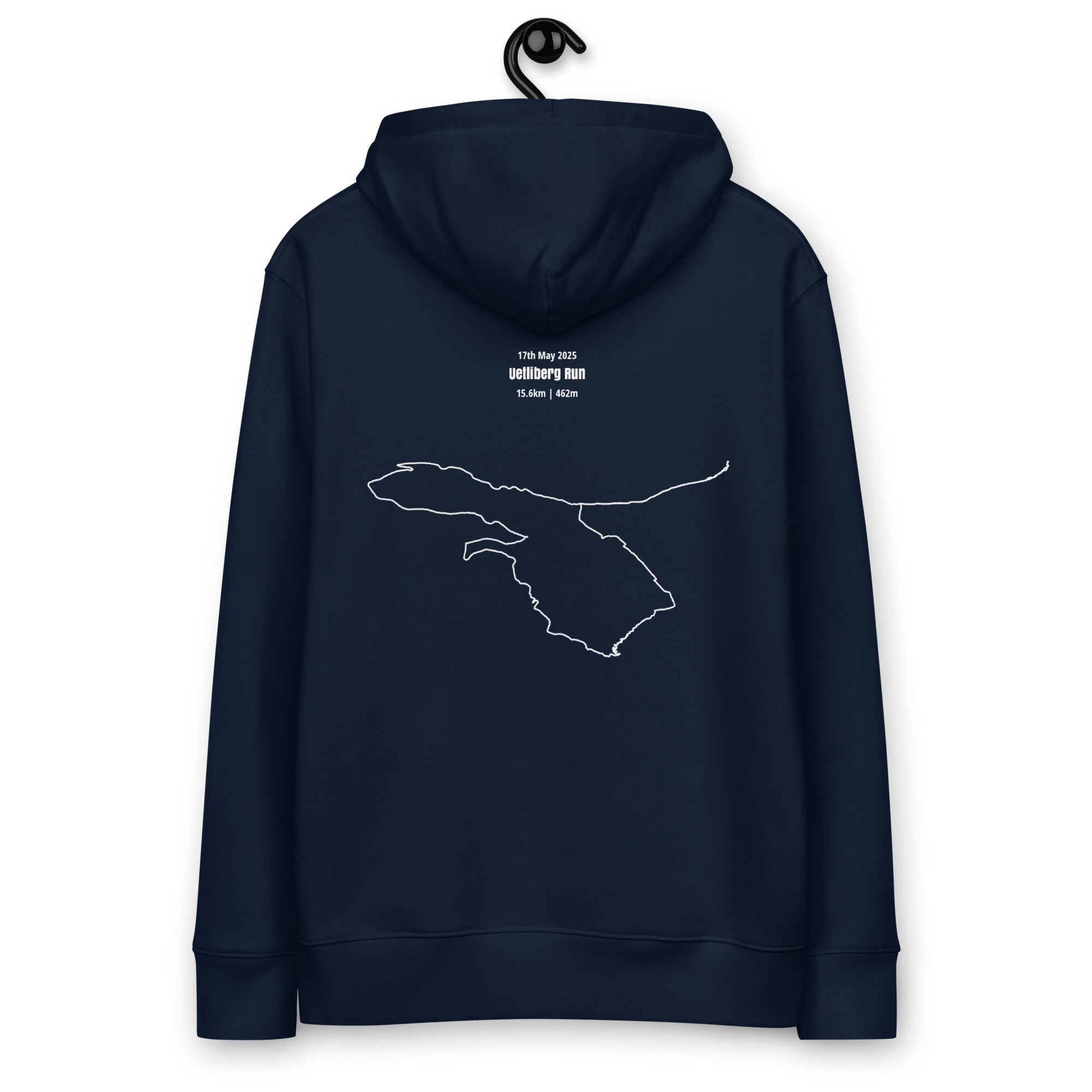 Navy blue hoodie with a white custom Strava route print art of a map on the back, hanging against a white background