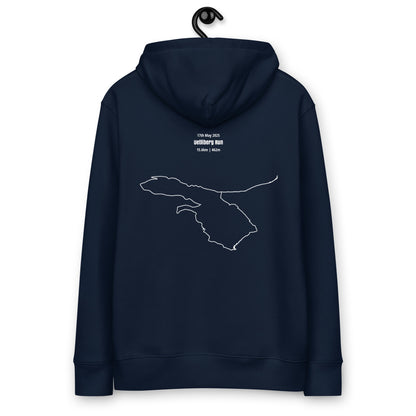 Navy blue hoodie with a white custom Strava route print art of a map on the back, hanging against a white background