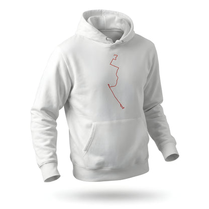 White hoodie with a red custom Strava route print art on a white background