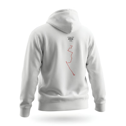 White hoodie with a red custom Strava route print art design on the back against a white background
