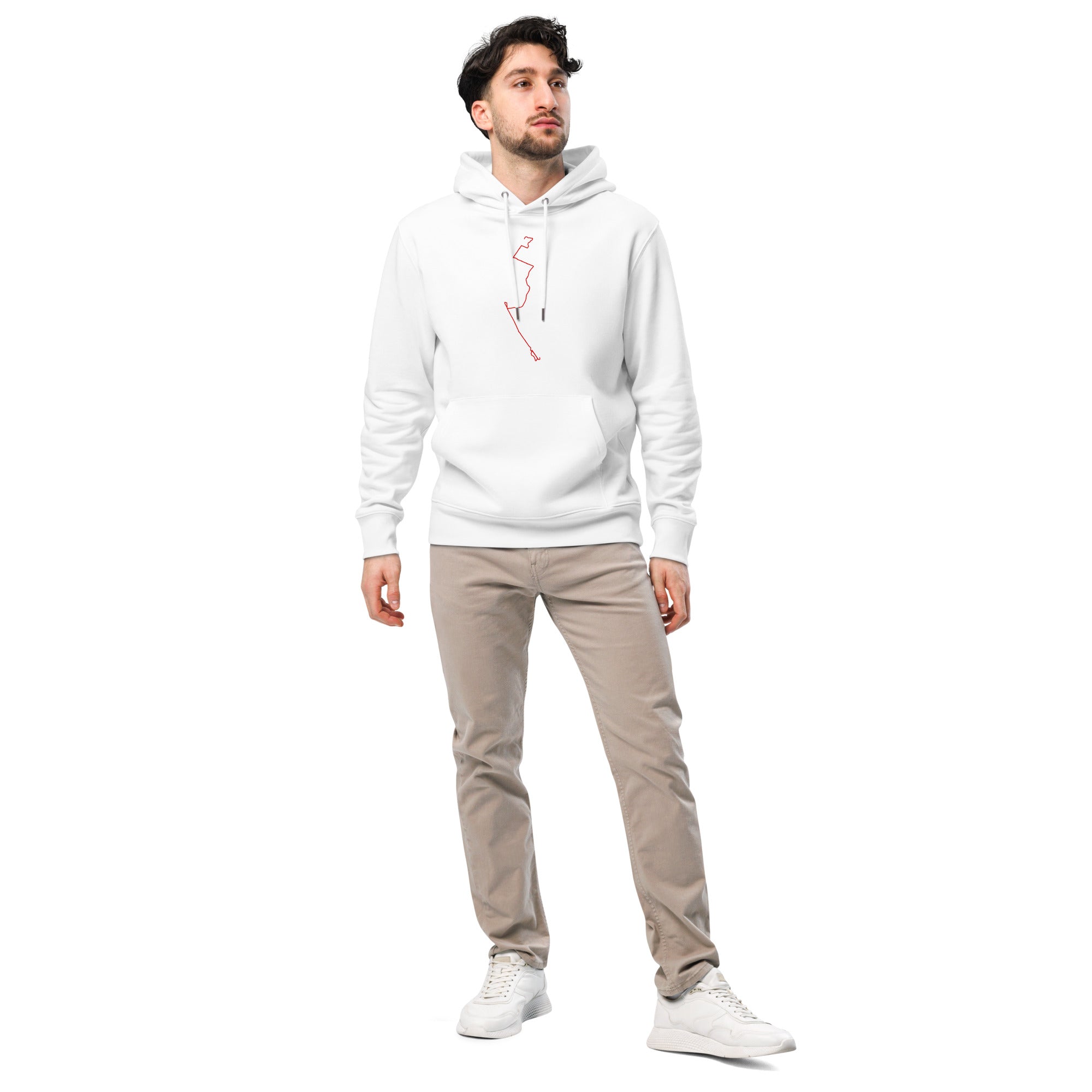 Man wearing a white hoodie with red custom Strava route print art design and beige pants on a white background