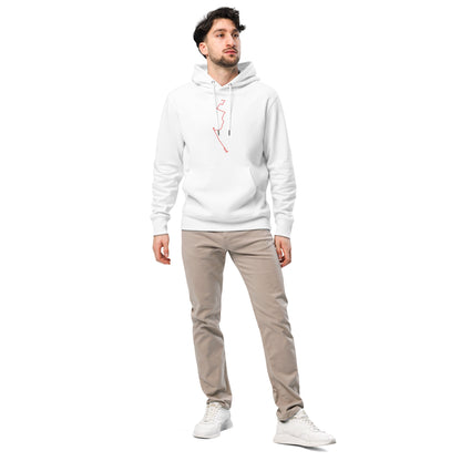 Man wearing a white hoodie with red custom Strava route print art design and beige pants on a white background