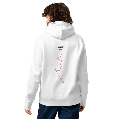 Person wearing a white hoodie with a red custom Strava route print art on the back, standing against a white background
