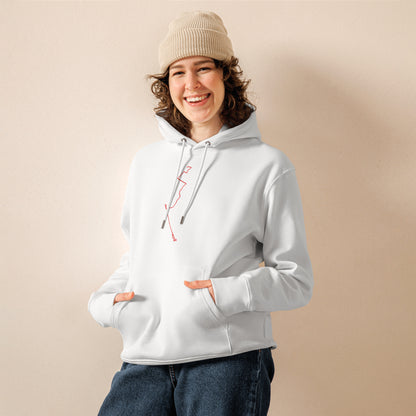 Person wearing a white hoodie with custom Strava route print art and beige beanie on a beige background
